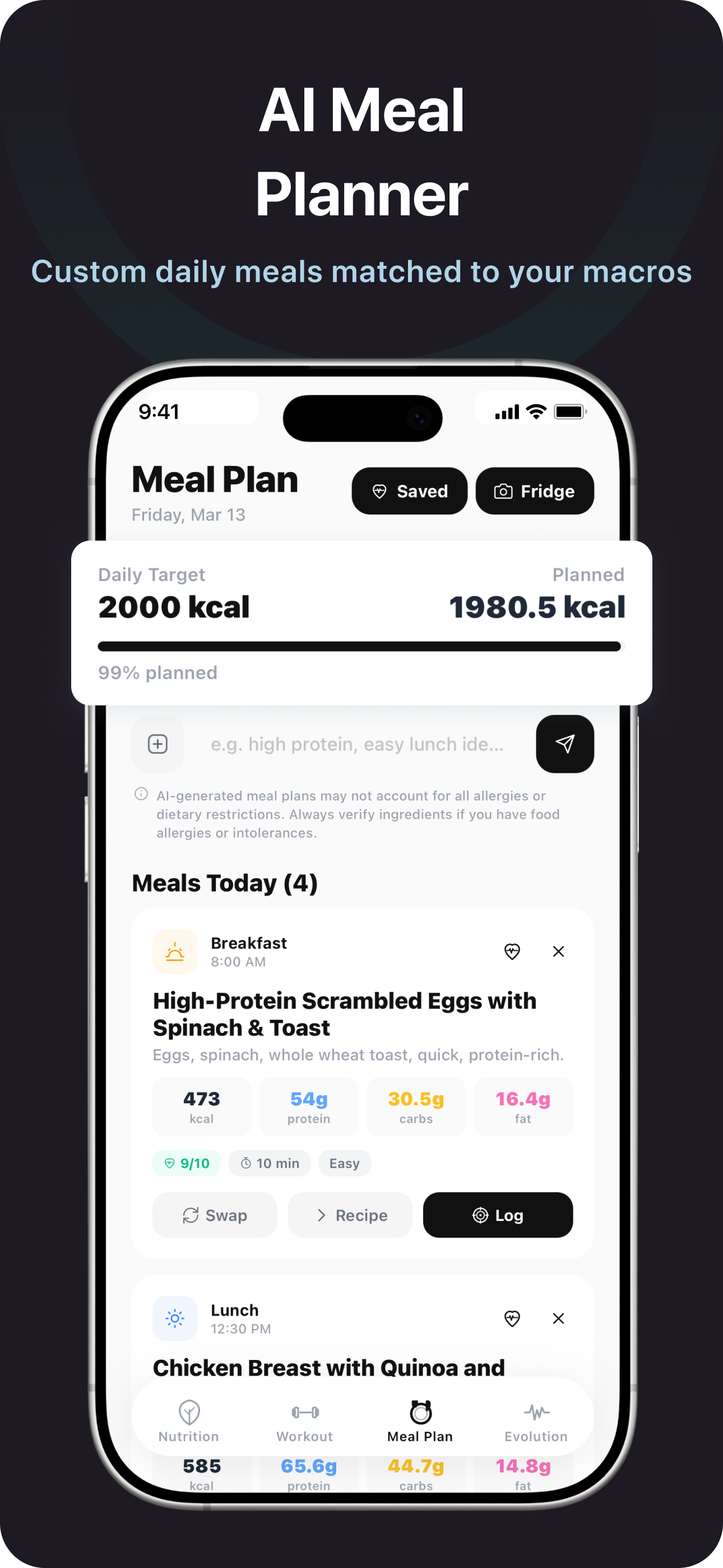 AI meal planner generating custom daily meals matched to your macro targets